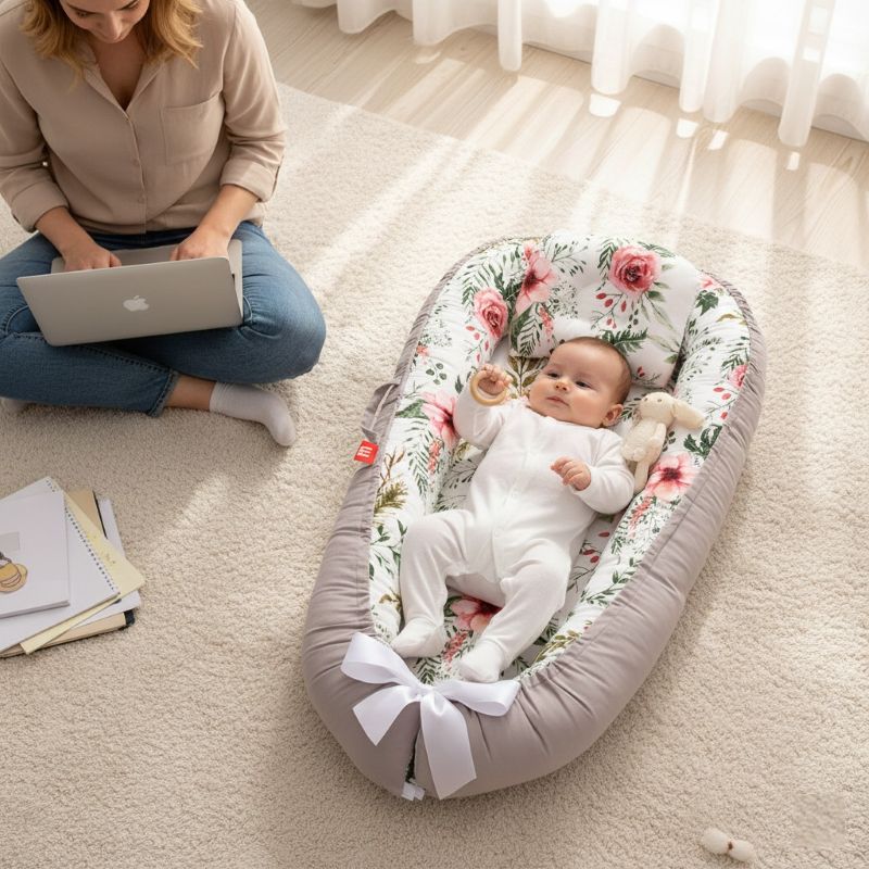 Bébé allongé dans notre réducteur de lit bébé nid fleuri et maman travaillant à côté