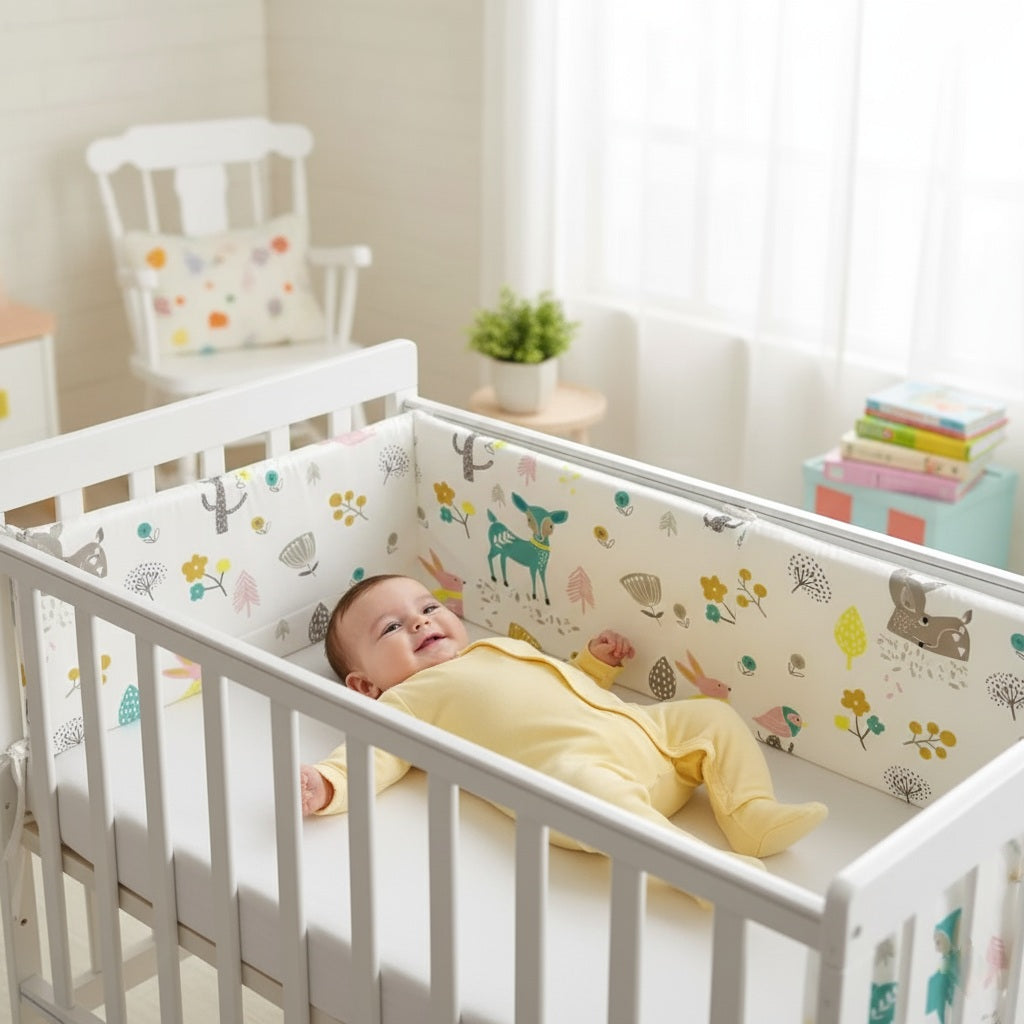 Bébé allongé et protégé par un tour de lit bébé Paysage des bois