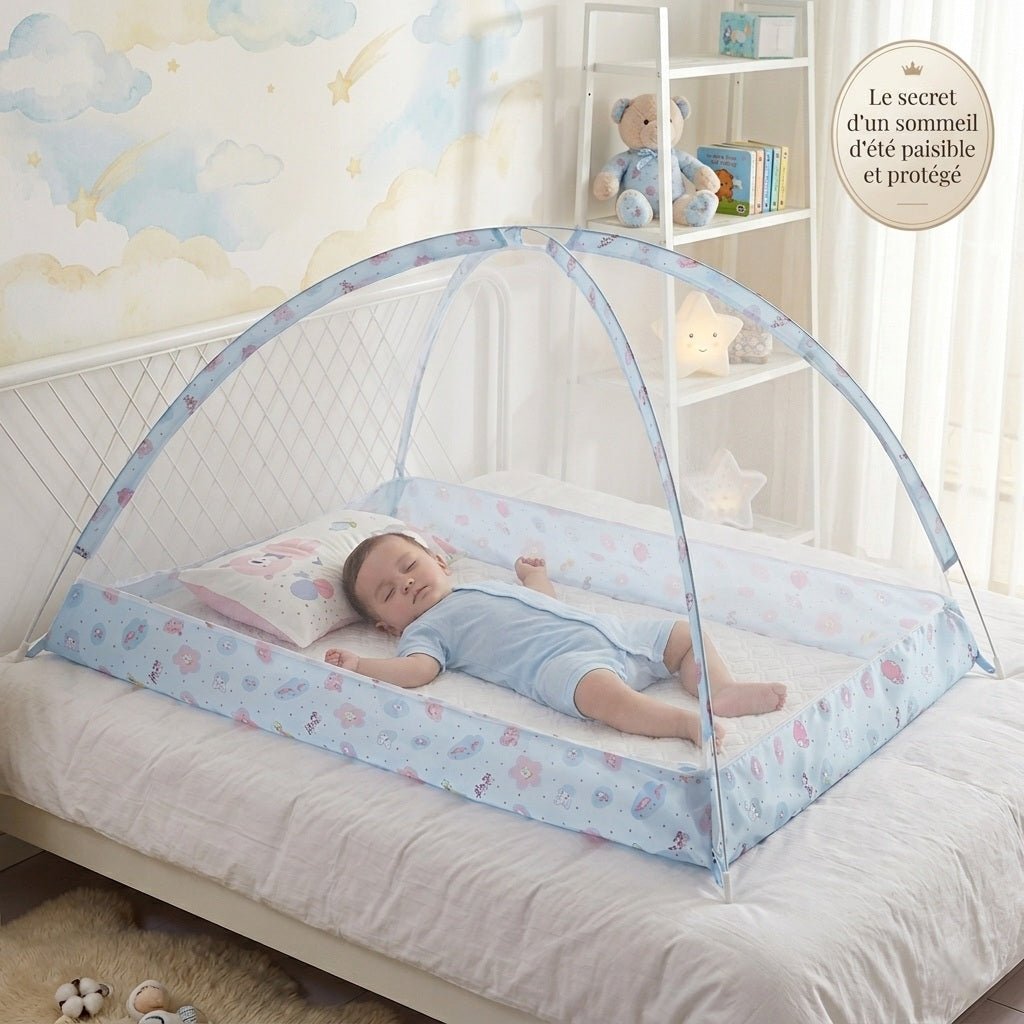 BEBE ALLONGE SOUS NOTRE MOUSTIQUAIRE BEBE LIT DREAMYDOME BLEUE