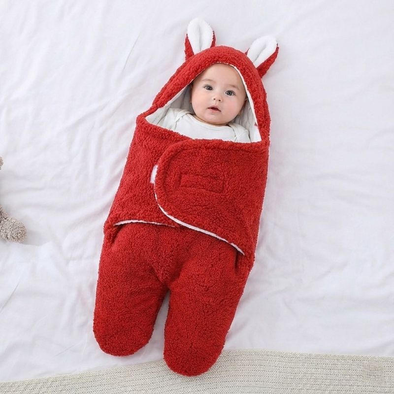 Bébé allongé sur notre emmaillotage couverture CuddleBunny™ rouge