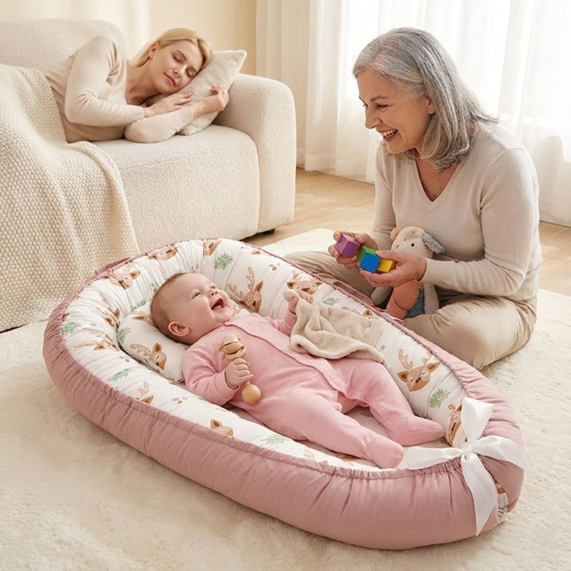 BEBE ALLONGE SUR NOTRE REDUCTEUR DE LIT BEBE DEERBABYNEST ET JOUANT AVEC SA MAMI