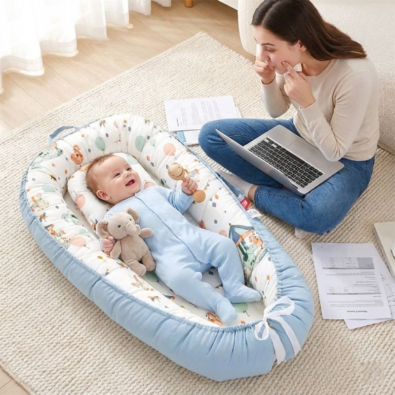 Bébé allongé sur notre Réducteur de lit bébé Manège enchanté et jouant avec sa maman qui travaille