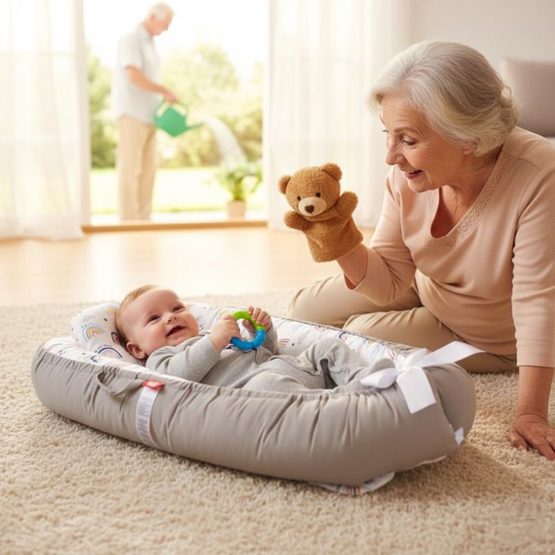 Bébé allongé sur notre Réducteur de lit NidPortableBébé™ - Arc En Ciel et jouant avec mami