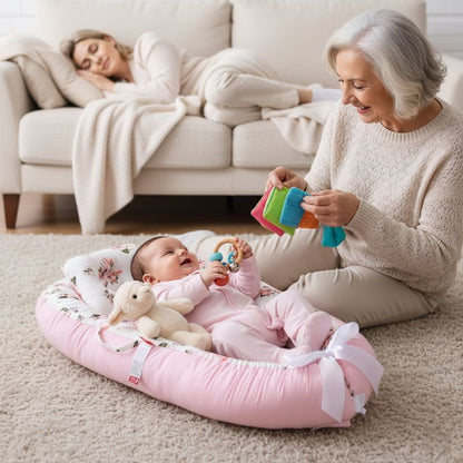 Bébé allongé sur notre REDUCTEUR DE LIT RoseCocoon™ jouant avec sa mami