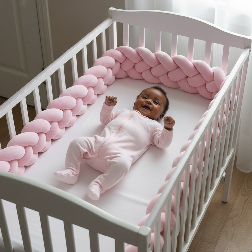 Bébé allongée avec une Tresse de lit bébé rose 4 brins