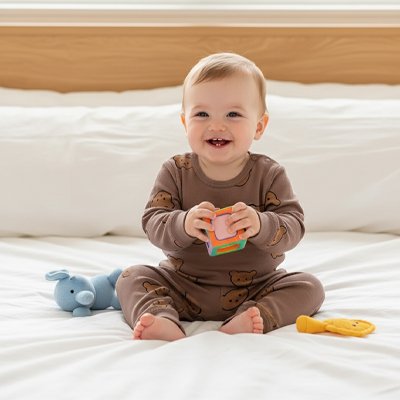 Bébé assis avec notre Pyjama bebe marron