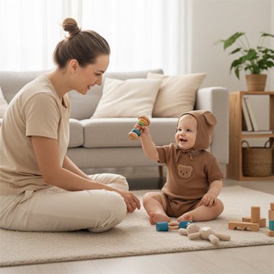 BEBE ASSIS AVEC NOTRE PYJAMA BEBE PETIT OURSON CHOCOLAT ET MAMAN