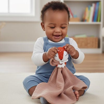 Bébé assis jouant avec notre doudou renard Foxan rose