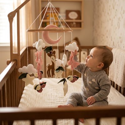 Bébé assis jouant avec notre mobile bébé aide au sommeil