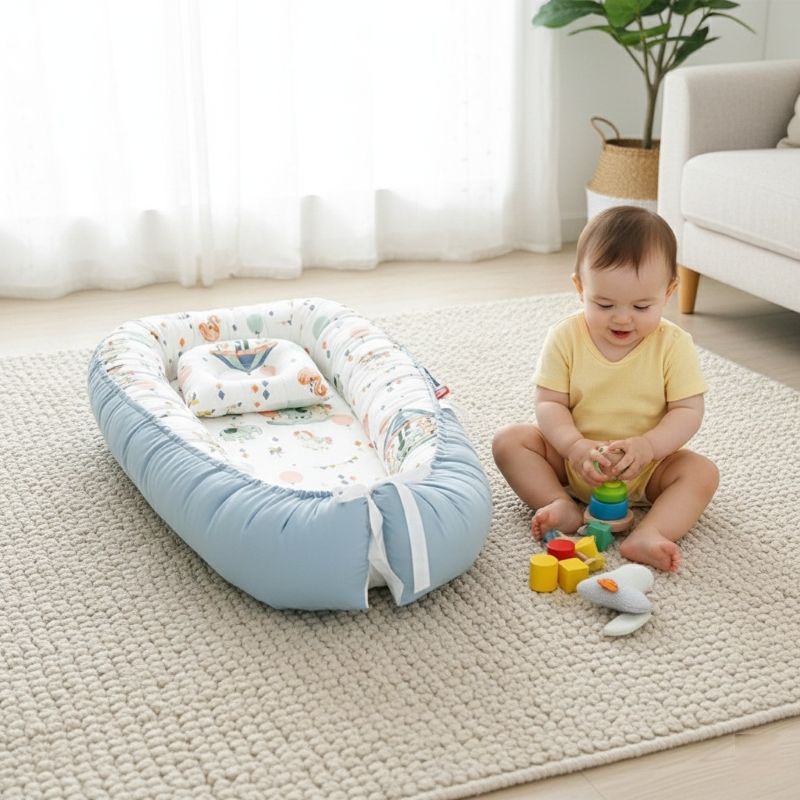 Bébé assis près de notre Réducteur de lit bébé Manège enchanté