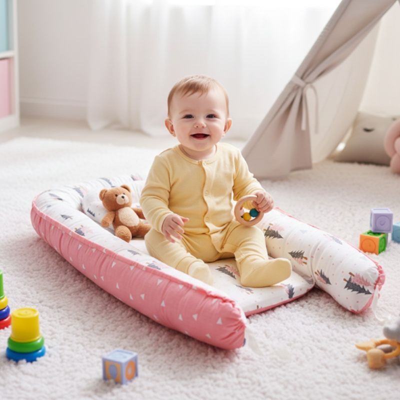 Bébé assis sur notre réducteur de lit bébé Cocon Sapin rose