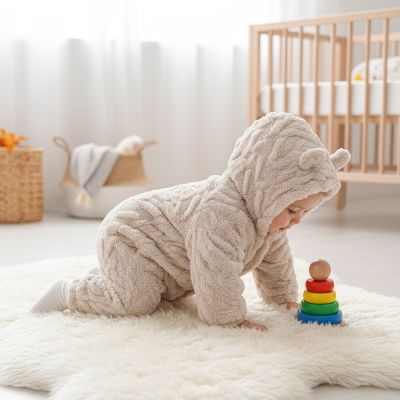 Bébé au chaud avec notre grenouillère bébé Oursonette™ beige clair