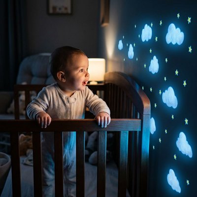 Bébé au lit avec nos Stickers muraux