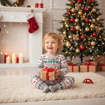 Bébé au pieds du sapin avec notre Pyjama Noel famille MagicKrixmas™