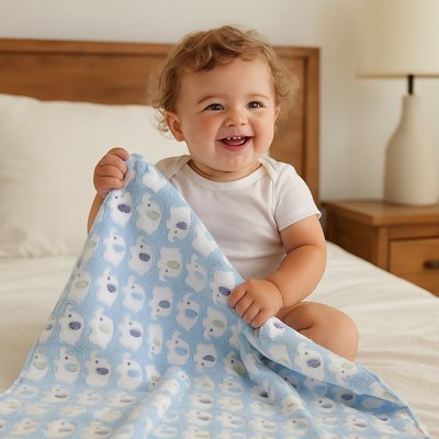 Bébé avec une Couverture bébé Éléphanteau bleue