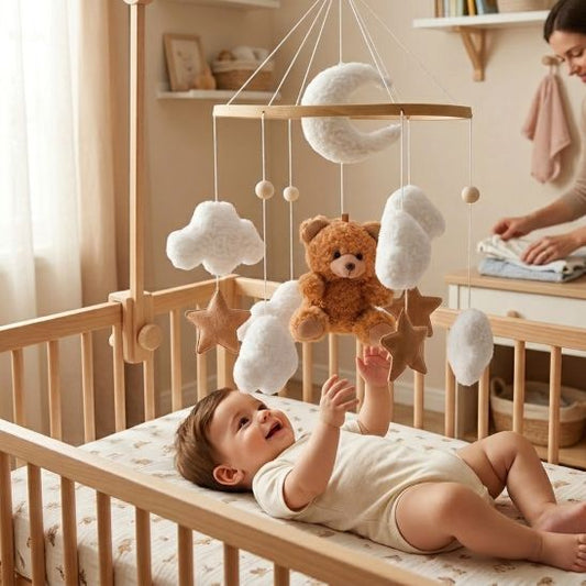 Bébé captivé par notre mobile bébé Rêve d'ourson céleste marron