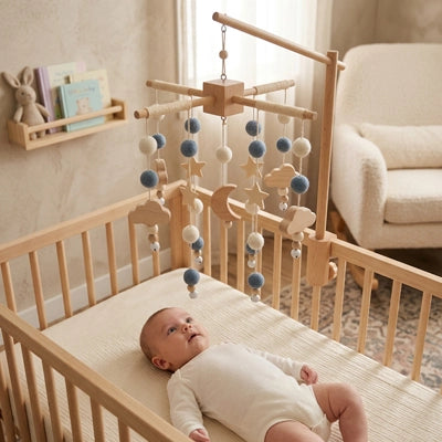 Bébé captivé par notre mobile lit bébé en bois naturel - Thème croissant de lune étoilé