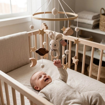Bébé captivé par notre Mobile lit bébé TinyCosmos™ Lapin