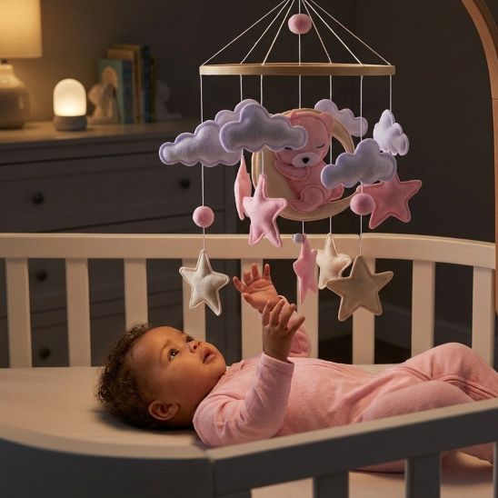 BEBE CAPTIVEE PAR NOTRE MOBILE BEBE EN BOIS ET TISSU POUR CHAMBRE FILLE