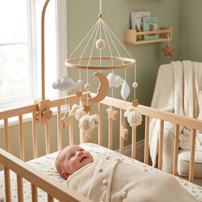 Bébé contemplant notre mobile bébé pour apaiser et occuper bébé