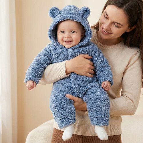 Bébé dans les bras de maman avec notre grenouillère bébé Oursonette™ bleue
