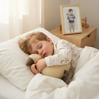 Bébé dormant avec notre Doudou Canard