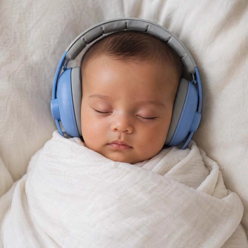 Bébé dormant paisiblement avec Notre Casque anti bruit bébé à bandeau souple réglable bleu