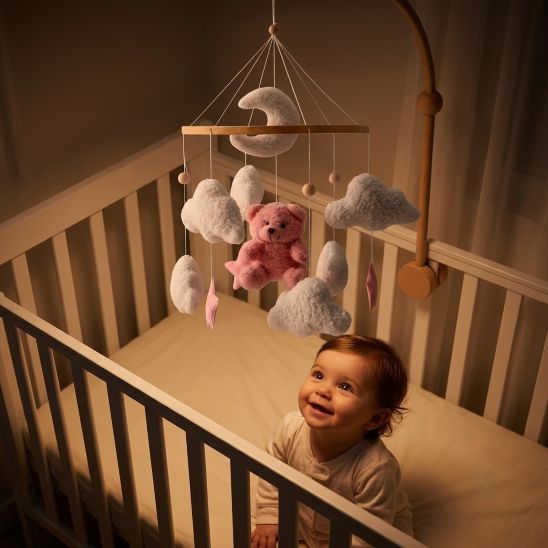 Bébé émerveillé par notre mobile bébé Rêve d'ourson céleste rose