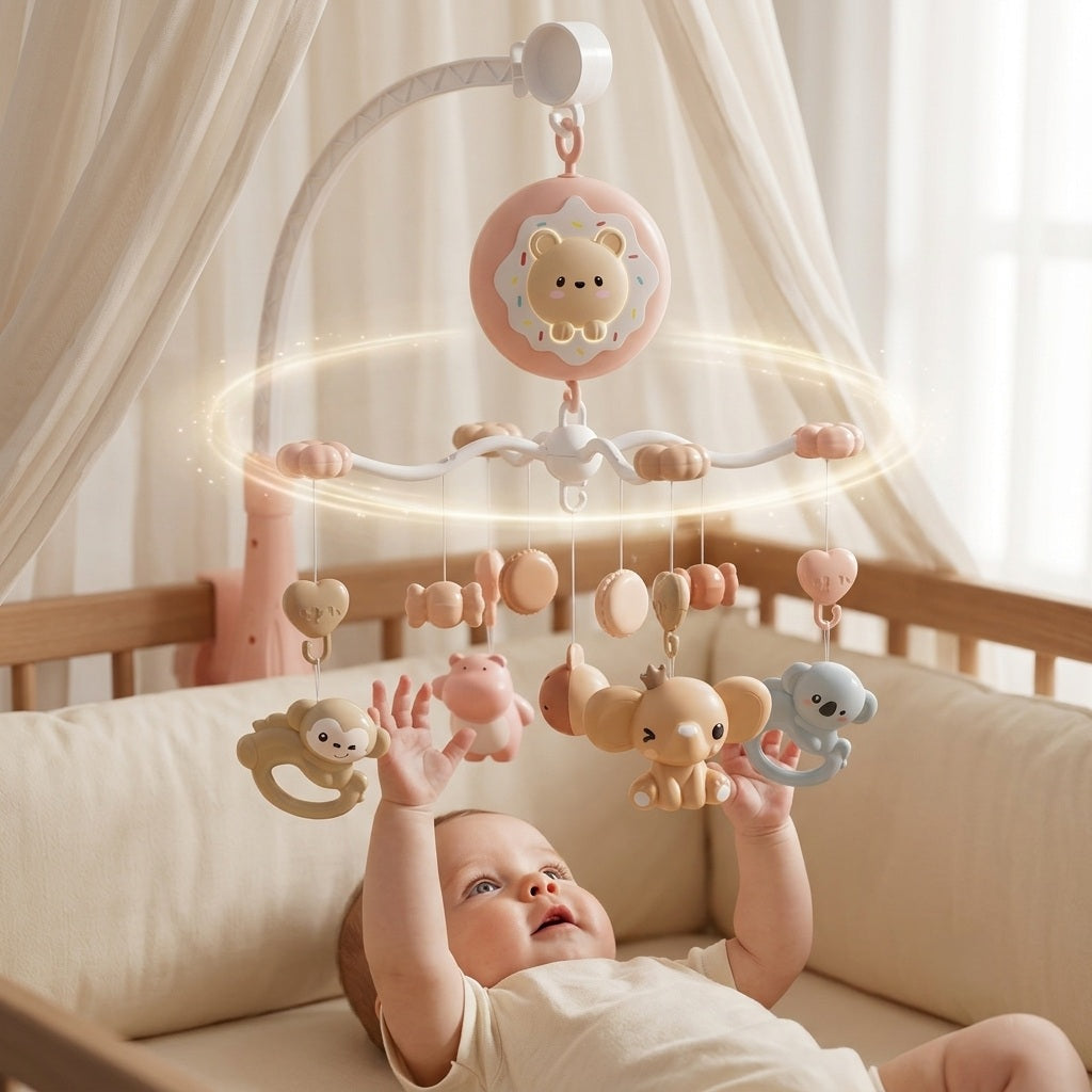 Bébé émerveillé par notre mobile musical bébé rose