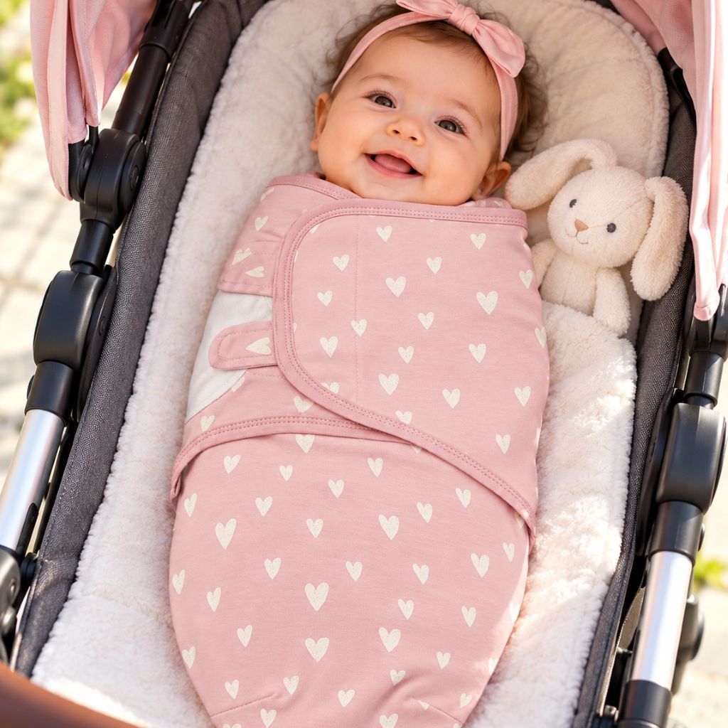 Bébé en balade avec notre Couverture d emmaillotage Douceur de cœur