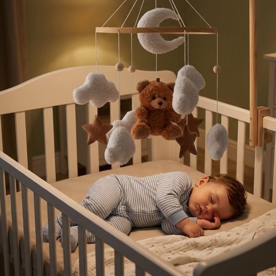 Bébé endormi avec notre mobile bébé Rêve d'ourson céleste marron