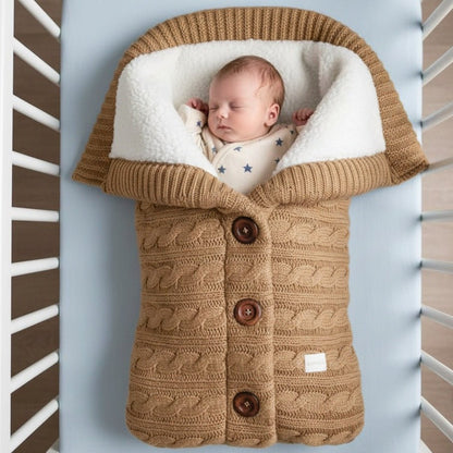 Bébé endormi dans notre couverture emmaillotage CuddleAngel™ caramel dans un berceau