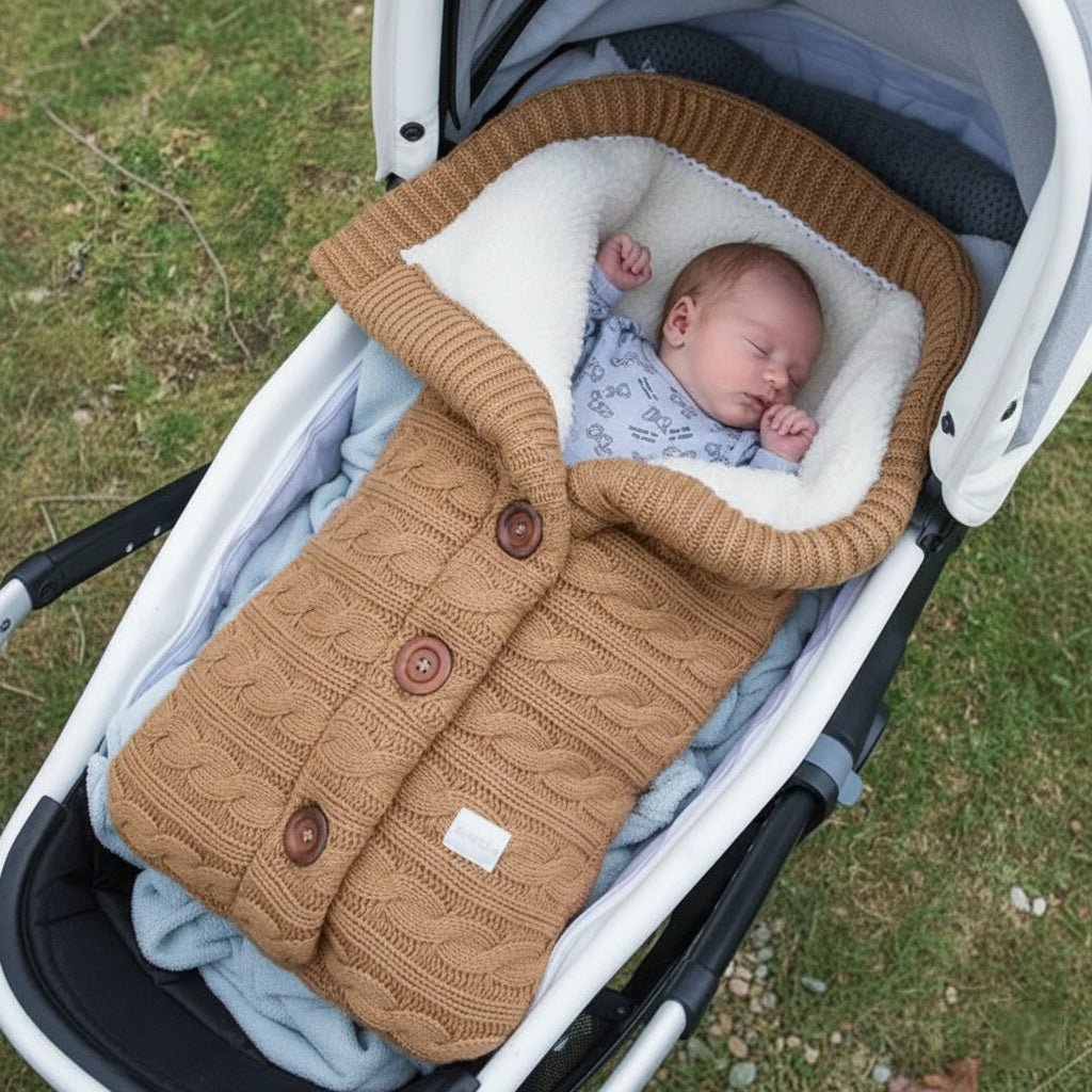 Bébé endormi dans notre couverture emmaillotage CuddleAngel™ caramel dans une poussette