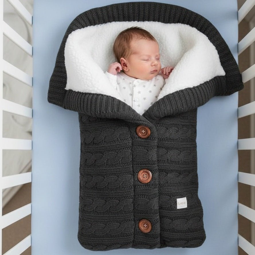 Bébé endormi dans notre couverture emmaillotage CuddleAngel™ noire dans un berceau
