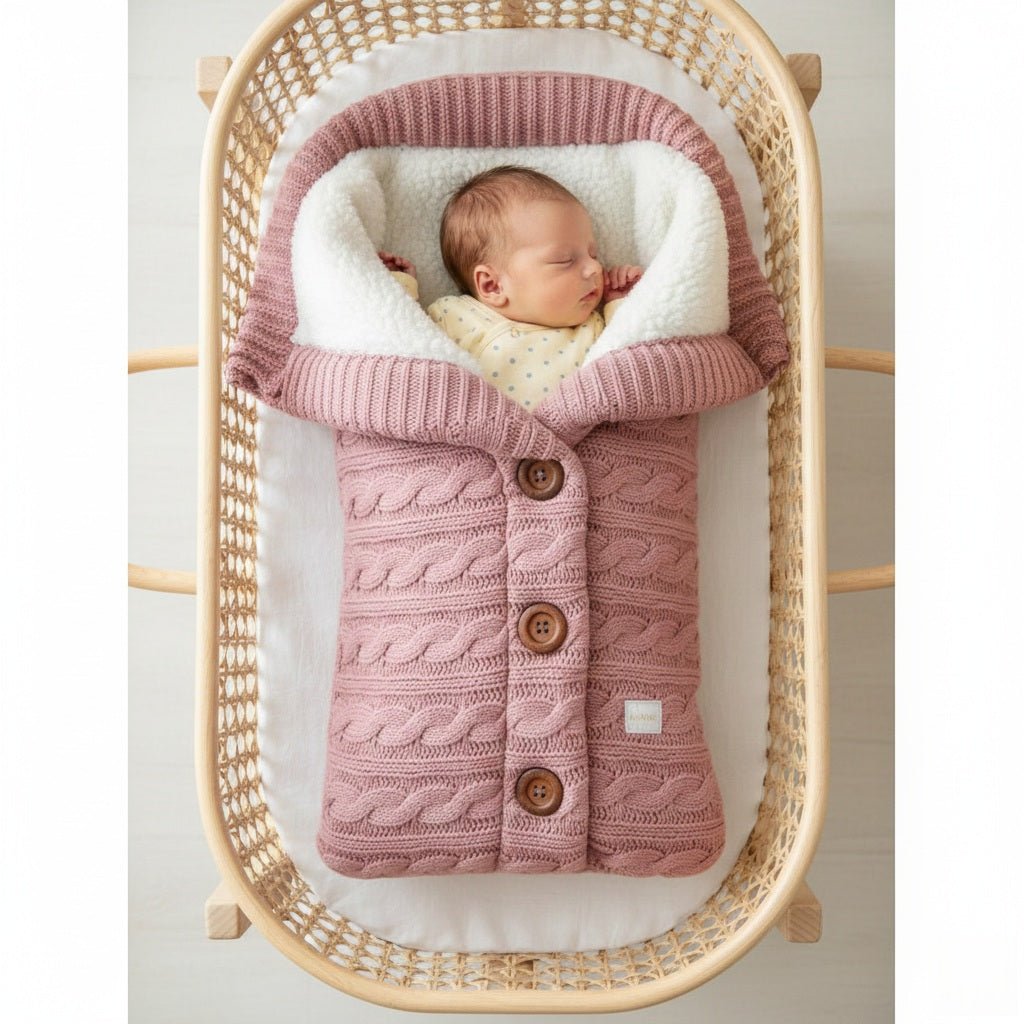 Bébé endormi dans notre couverture emmaillotage CuddleAngel™ rose poudrée dans un berceau