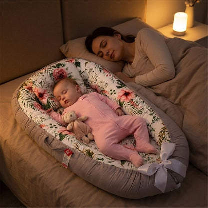 Bébé endormi dans notre réducteur de lit bébé nid fleuri en cododo avec sa maman