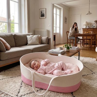 Bébé endormi sereinement dans notre Couffin pour bébé fille en corde de coton tressé rose et blanc