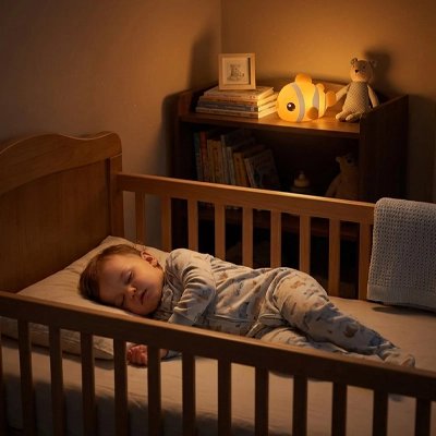 Bébé endormi sous la douce lumière de notre Veilleuse bébé Poisson Tactile rechargeable