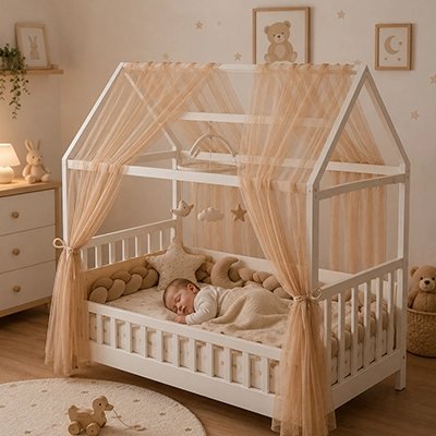 Bébé endormi sous notre ciel de lit cabane caramel Auvent de lit 2 pièces