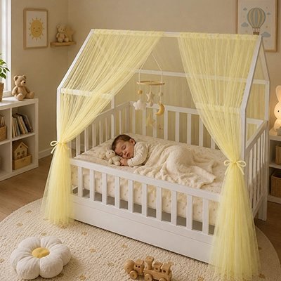 Bébé endormi sous notre ciel de lit cabane jaune Auvent de lit 2 pièces