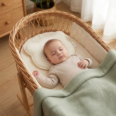 Bébé endormi sur notre coussin bébé anti-tête plate ergonomique et respirant beige cœur