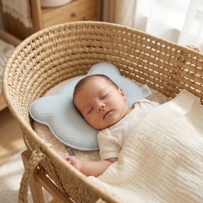 Bébé endormi sur notre coussin bébé anti-tête plate ergonomique et respirant bleu