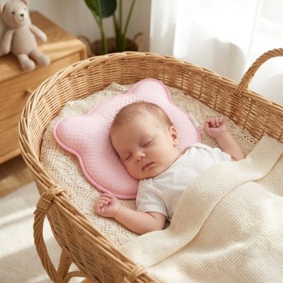 Bébé endormi sur notre coussin bébé anti-tête plate ergonomique et respirant  rose