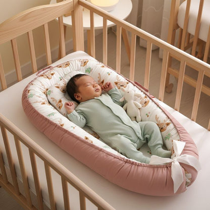 BEBE ENDORMI SUR NOTRE REDUCTEUR DE LIT BEBE DEERBABYNEST DANS UN BERCEAU