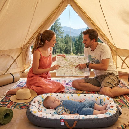 BEBE ENDORMI SUR NOTRE REDUCTEUR DE LIT BEBE GALAXY DANS UNE TENTE AVEC SES PARENTS