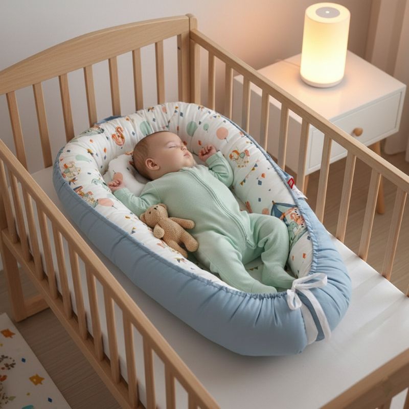 Bébé endormi sur notre Réducteur de lit bébé Manège enchanté dans son berceau