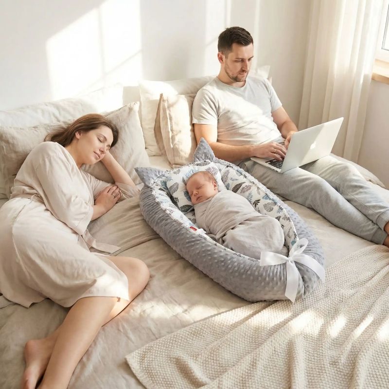 BEBE ENDORMI SUR NOTRE REDUCTEUR DE LIT POUR BEBE SOOTHINGFOLIAGE™ EN CODODO AVEC LES PARENTS