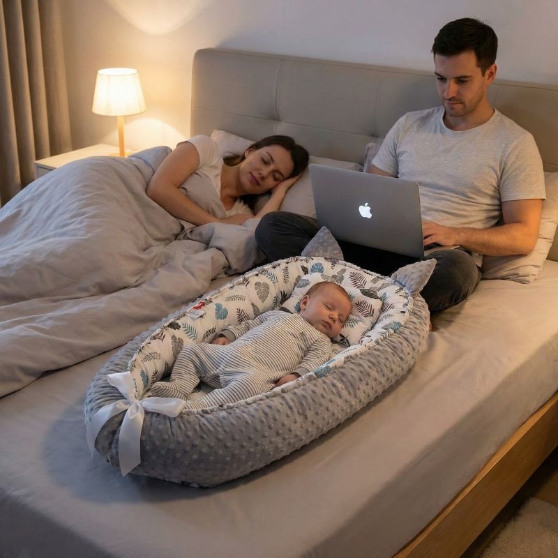 BEBE ENDORMI SUR NOTRE REDUCTEUR DE LIT POUR BEBE SOOTHINGFOLIAGE™ EN CODODO AVEC SES PARENTS