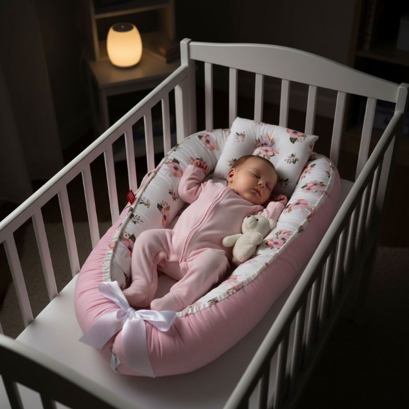 Bébé endormi sur notre REDUCTEUR DE LIT RoseCocoon™ dans son berceau