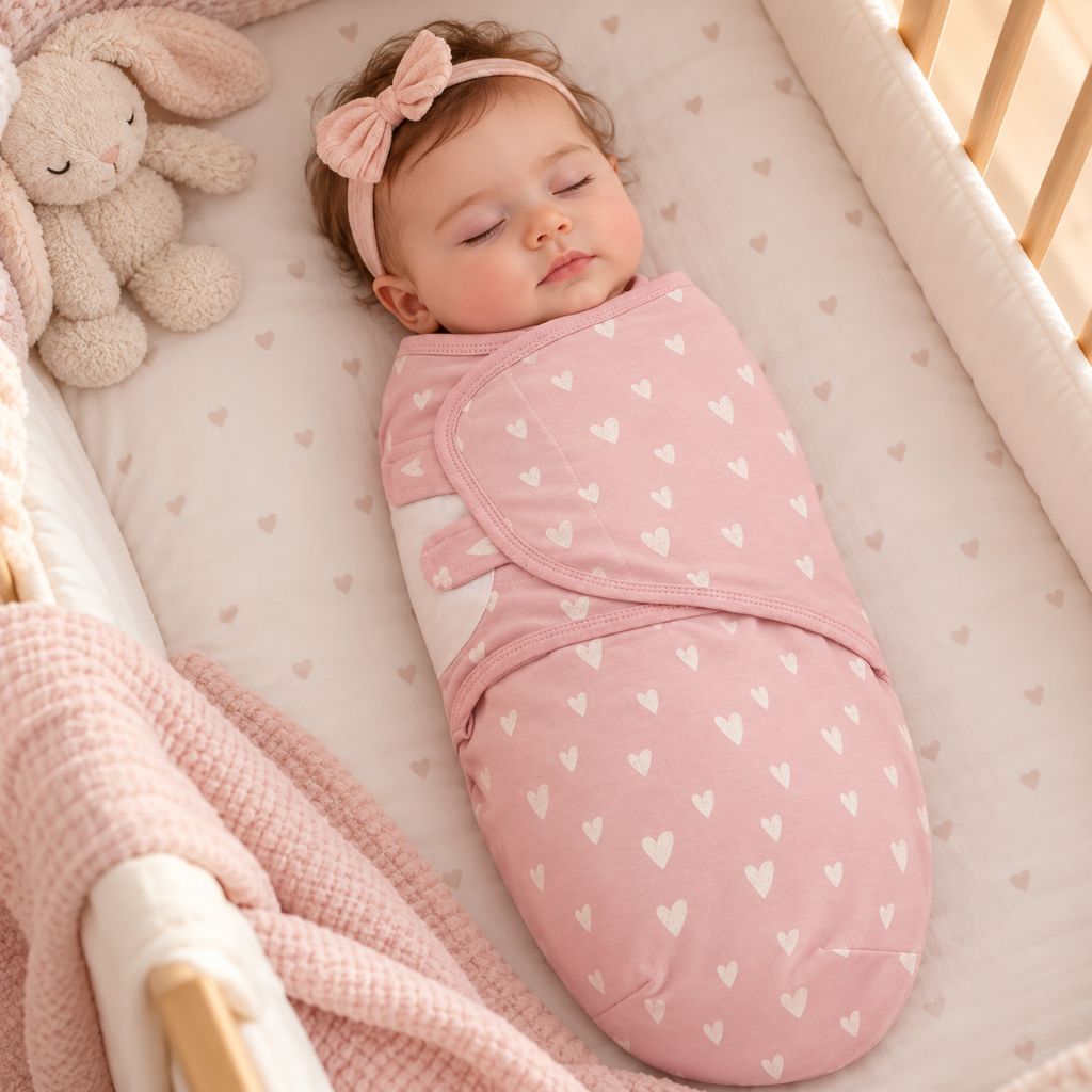Bébé endormie enveloppée dans notre Couverture d emmaillotage Douceur de cœur